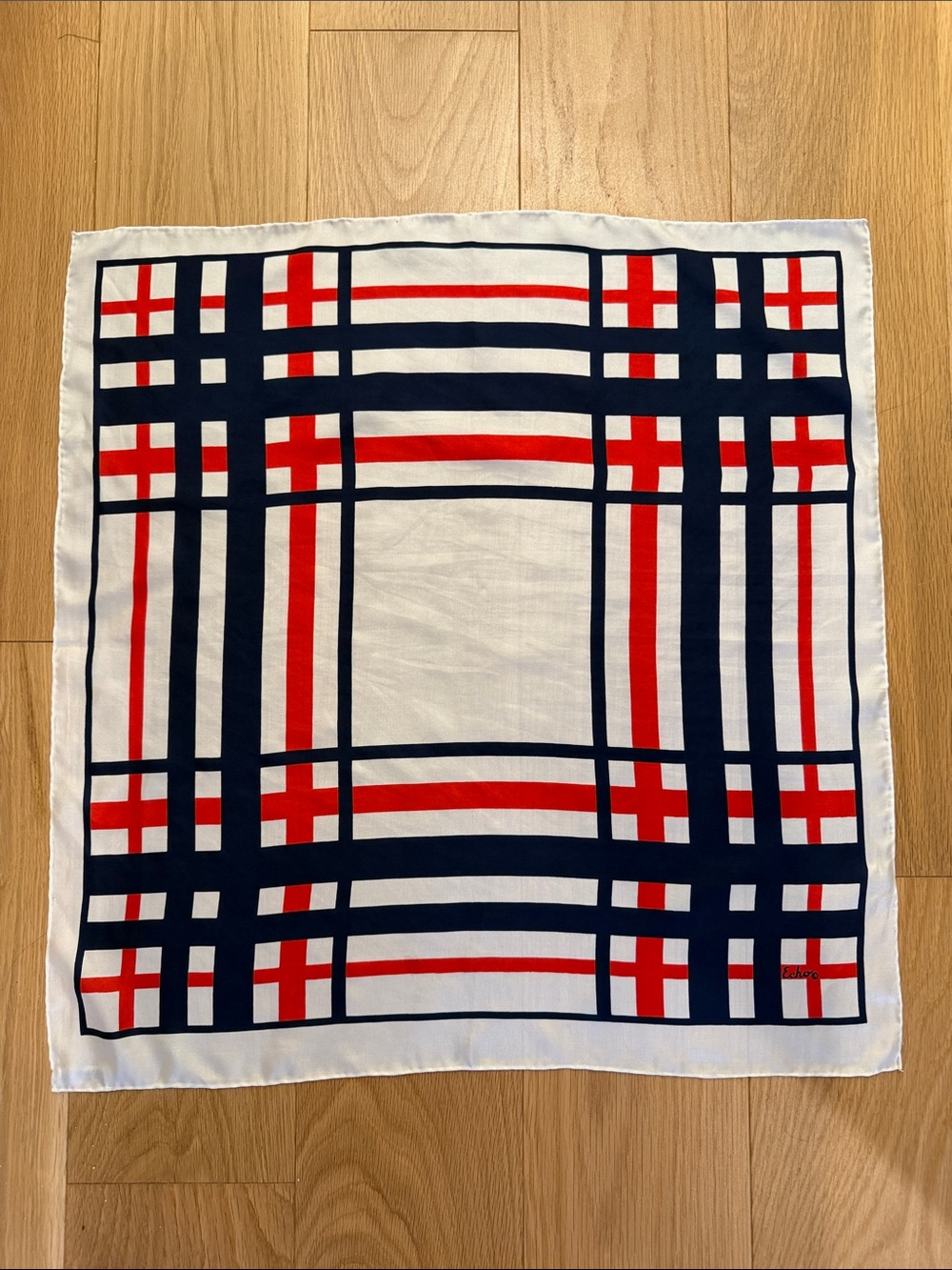 Vintage Echo White Scarf with Navy and Red Plaid Print